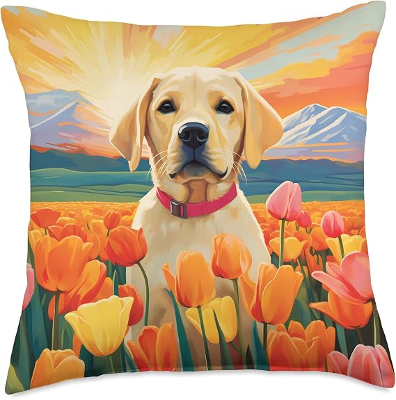 Cute Yellow Labrador Flower Mountain Sunset Lab Dog Throw Pillow