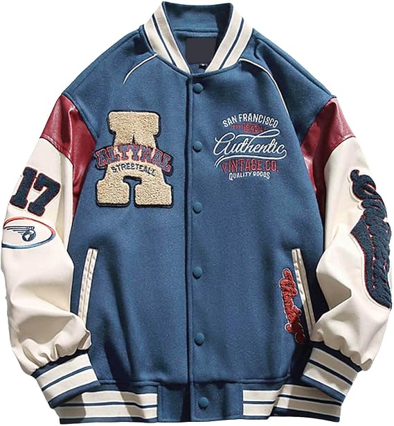 Men Varsity Jacket Color Block Letter Print College Baseball Jackets Vintage Outwear with Pockets Unisex Coat Patchwork Top Fall Bomber Biker Jacket Outwear ﻿