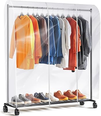 Clear Clothes Rack Cover 6Ft Garment Rack Cover Transparent Clothing Rack Cover With 2 Durable Zipper Waterproof Protector for Garment Rack 50L x 20W x 60H, Rack Not Included