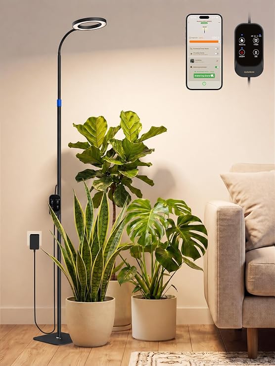GLOWRIUM Smart Grow Lights for Indoor Plants, Full Spectrum LED Floor Light | 54"-67" Telescopic Adjustable Height Grow Light with App & Manual Control, 1%-100% Dimming,3/9/12h Timer for Tall Houseplants