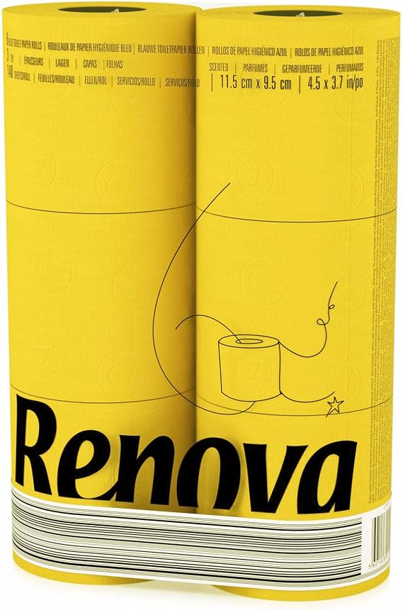 Renova Toilet Paper, 6 Rolls, 140 Sheets, 3-Ply, Soft, Colored, Yellow | 3-Ply Soft Tissue, Eco-Label Certified, Dermatologically Tested, Septic Safe, Sustainable & Soft, Colored Bathroom Tissue