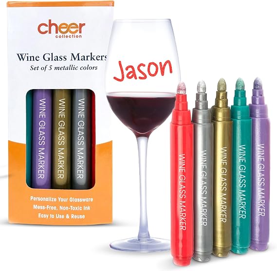 Cheer Collection Wine Glass Markers - Pack of 5 Washable Pens for Writing on Glass or Mirrors, No Smear, Dries Fast, Easy Erase