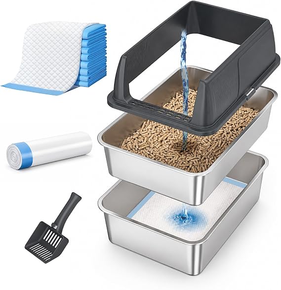 Gimars Stainless Steel Sifting Litter Box with Lid for Large & Pine Pellet Cat Litter, High-Sided 23x15x12.6in for Big Cats & Multi-Cat Homes, Odor Control, Low Tracking, Includes Liners & Ramp Step