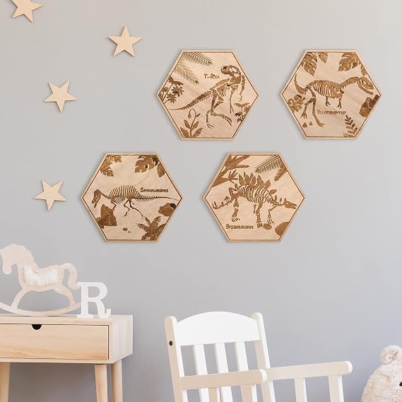 Maitys 4 Pcs Dinosaur Wooden Wall Decor for Boys Room 5.1'' x 5.9'' Dino Fossils Wall Art for Kids Boys, Ideal for Baby Bedroom, Science Classroom, Preschool, Elementary School Decorations