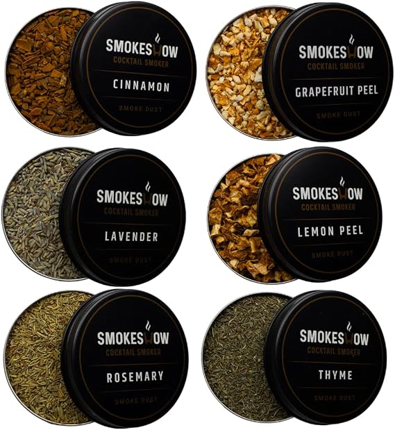 Wood Chips for Cocktail Smoker 4 oz tins. Cinnamon, Thyme, Rosemary, Lemon Peel, Grapefruit Peel and Lavender (6-Pack All Herbs & Spices)