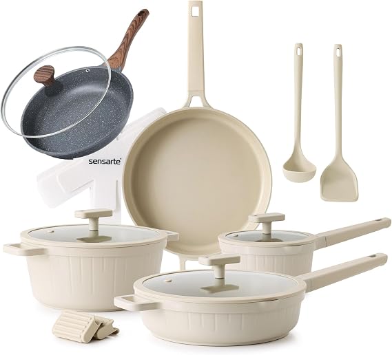 SENSARTE Ceramic Nonstick Cookware Set 15 Piece, includes 9.5 Inch Omelet Pan with Lid, Induction Compatible Frying Pan Skillet