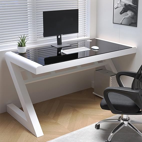 Tempered Glass Computer Desk Modern Home Office Desk Gaming Desk PC Laptop Study Table Workstation for Home Office(31 Inch, Black & White)