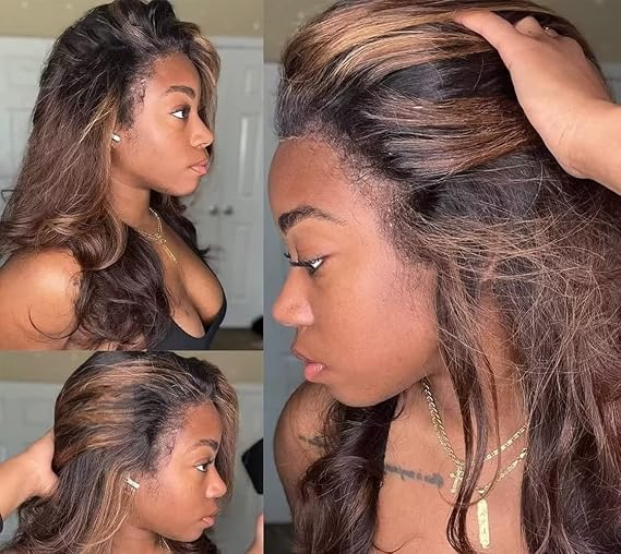 HD Transparent Kinky Edges 360 Lace Frontal Wig Pre Plucked #1B/#30 Ombre Black With Brown Highlight Wig Loose Wave 150% Density Remy Hair Lace Wigs with Curly Baby Hair 26Inch
