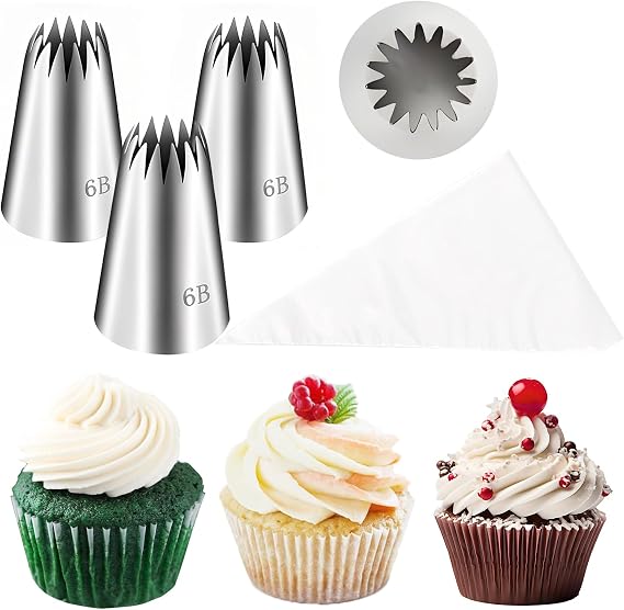 FANTEXY 3 Pieces 6B Large Piping Tips with 20 Disposable Piping Bags,Piping Bags and Tips Set,Frosting Icing Tip,Cake Decorating Kit,Large Icing Nozzle,Frosting Star Tip for Churro Cupcake Cookie
