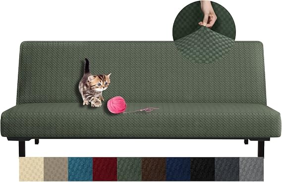 YEMYHOM Futon Cover Latest Jacquard Design High Stretch Armless Sofa Bed Slipcover Anti-Slip Furniture Protector with Elastic Bottom (Futon, Army Green)