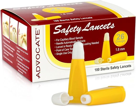 Pressure Activated Safety Lancets, 26G 1.8mm Box of 100, Advocate Single Use Glucose Testing Lancing Device with Automatic Retractable Needle for Blood Sugar Sampling