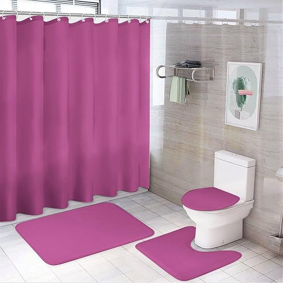 4 Pieces Shower Curtain Sets, Trend Color Berry Pink Bathroom Sets with Shower Curtain & Rugs, Bathroom Decor Rug Toilet Lid Cover & Non-Slip U Shape Mat