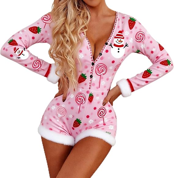 Karwuiio Women Valentine's Day Romper Pajamas Sexy V-Neck One Piece Shorts Pjs Jumpsuit Heart Print Bodysuit Rompers Overall