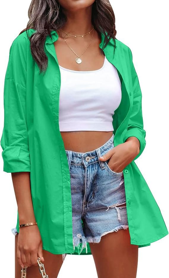 HangNiFang Womens Oversized Button Down Shirts Long Sleeve Loose Fit Work Dressy Blouses Tops