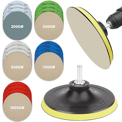 20 PCS Water Grit Sandpaper 2000/3000/5000/7000/10000 with one 5-inch Backing Pad Set, Wet Dry Electric Hook &Loop Sanding Disc Pad, Grinding Abrasive Paper and Orbital Sander Polisher