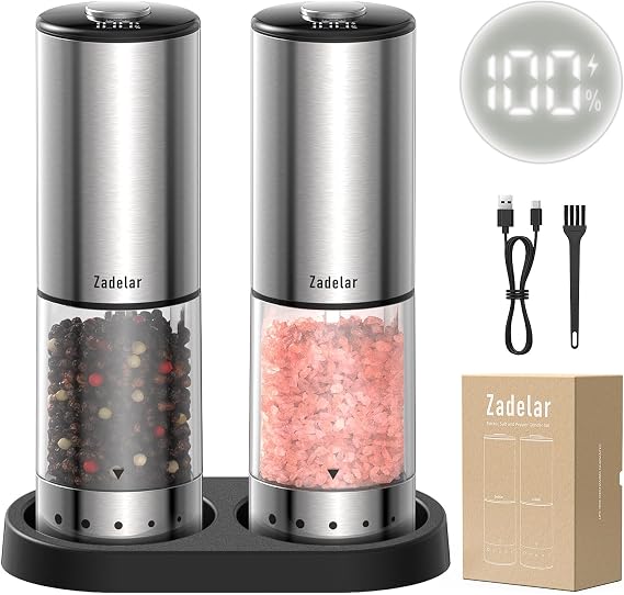 Rechargeable Electric salt and pepper grinder set with Storage Base,Automatic Refillable Salt and Pepper Shakers with LED Display,Upgraded Large Capacity,External Adjustable Coarseness for Mom Gifts