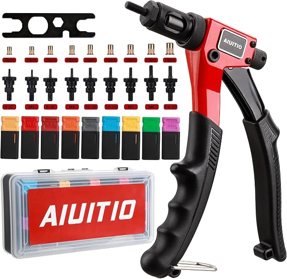 AIUITIO 8" Rivet Nut Tool, Rivnut Tool Kit with 9 Metric and SAE Mandrels, Nutsert Rivet Tool Set with 90Pcs Rivnuts, Sturdy Case Packed, Designed for Tight Space