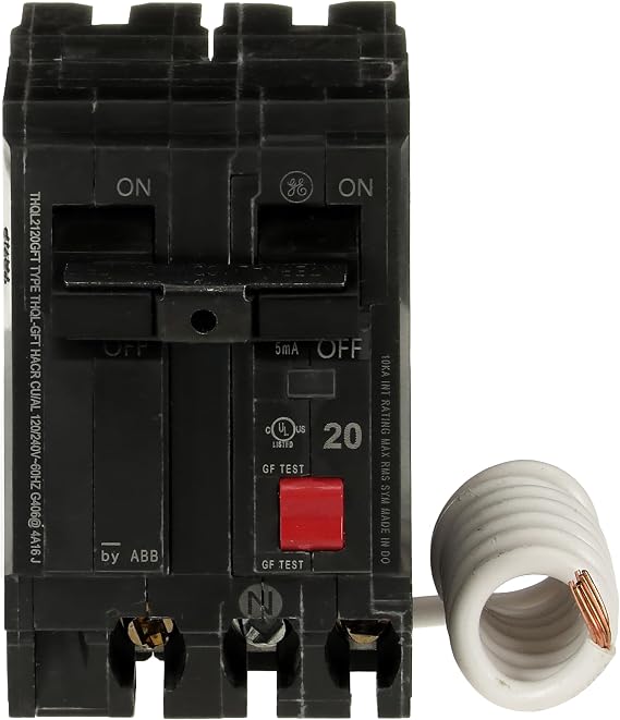 ABB Q-Line THQL2120GFTP 20A Double Pole Circuit Breaker 20 Amp Double Pole Ground Fault Breaker with Self-Test 120/240 VAC 2-Pole GFCI Breaker Ground Fault Circuit Interrupter