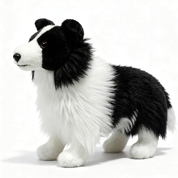 Lifelike Border Collie Plush Toy, Realistic Black and White Sheepdog Teddy Stuffed Animal, Cute Highly intelligent Toy Gift, 28 CM/11 IN