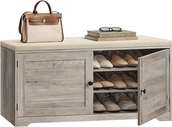 VASAGLE 3-Tier Shoe Storage Bench with Cushion, 14 x 39.8 x 20.7 Inches