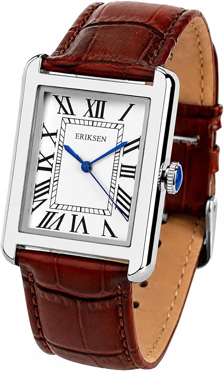 ERIKSEN Mens Retro Rectangular Dress Watch, Silver-Tone Case, Brown Leather Strap, Japanese Quartz Analog Movement CMS-BRN