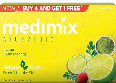 Generic Medimix Ayurvedic Lime with Moringa Bathing Bar Soap125g Buy 4, Get 1 Extra Combo Pack | Refreshed & Nourished Skin | Shop Herbal | Natural | Paraben-free & Sulphate-free | 100% Vegan