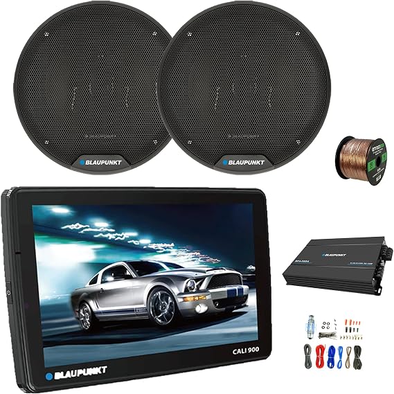 Blaupunkt CALI 900 9" Touchscreen Single DIN WiFi Bluetooth AM/FM Receiver, 4-Channel Amplifier w/Kit, 2x 6" 40 Watt Max 3-Way Car Speakers w/ Wire
