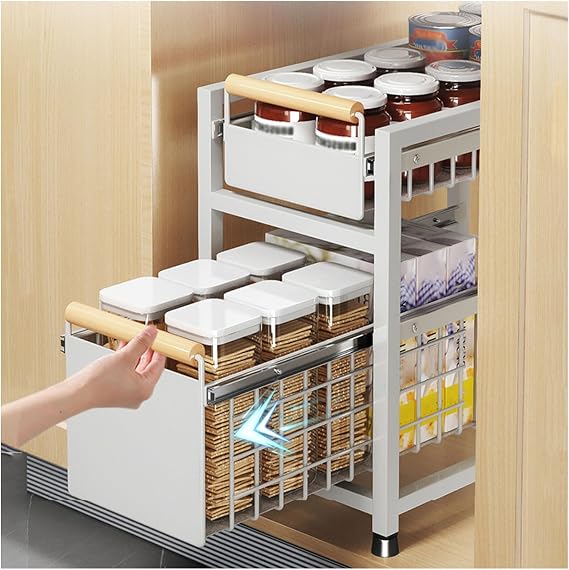 Pull-Out Under Sink Organizer, Rust Resistant Metal Pull-Out Racks 28.5/42cm Height, Heavy Duty Sliding Bin for Bathroom and Kitchen Cabinet Storage
