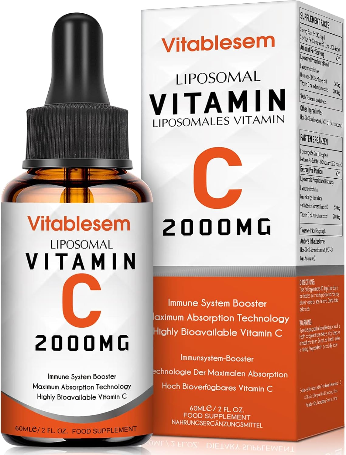 Liquid Liposomal Vitamin C 2000mg Supplement, High dose Ascorbic Acid, Antioxidants, Maximum Absorption, Highly Bioavailable, Soy-Free, Vegan Non-GMO