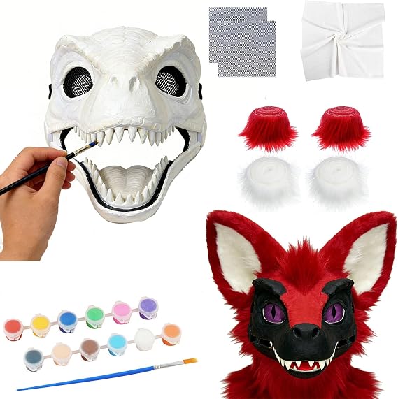DIY Dinosaur Mask with Fur Felt Sheet Eyes Mesh Set,Hard Plastic Dino Mask Moving Jaw,Therian Fursuit Head Base Outfit