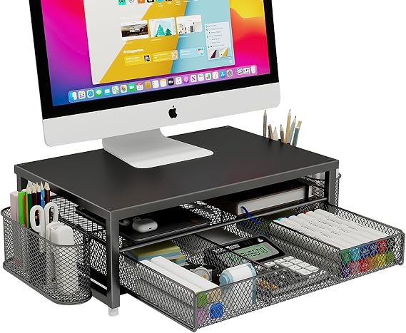 Monitor Stand Riser Metal, Office Desk riser with shelf Organizer, Office Organization ,Desk Organizer with Drawer and Pen Holder, 2-Tier Computer Stand, for iMac, PS4, PC, Printer, Notebook (Black)