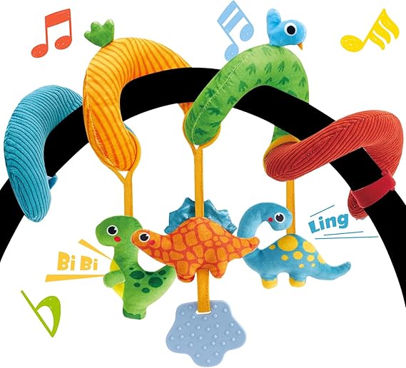 hahaland Car Seat Toys for Babies 0-6 Months Boy Stroller Toy Dinosaur | Baby Toys 0-6 Months - Rattle, Mirror, Crinkle, Squeaky, Developmental Carseat Toy Hanging Travel Birthday Gift for Infants