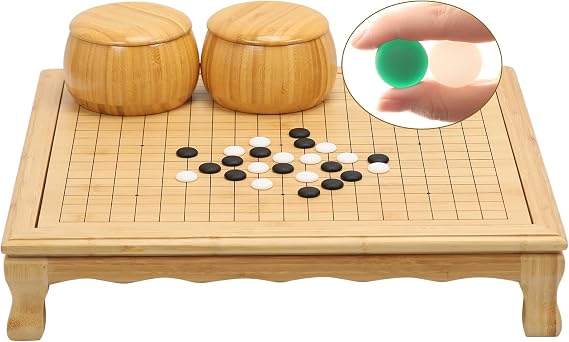VPH Modern Floor Go Set - 19x19 Bamboo Reversible Board (0.8'') with 4-Foot Frame, New Yunzi Single-Convex Stones & Bamboo Boxes