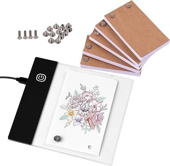 Flip Book Kit with Mini USB LED Light Pad 300 Sheets Pre-Drilled Animation Paper & Adjustable Binding Screws Drawing & Tracing Flip-Book Set for Kids, Teens & Hobby Animators