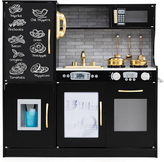 HONEY JOY Kids Kitchen Playset, Wooden Little Chef Pretend Toy Kitchen Set w/Chalkboard, Telephone, Utensils, Oven, Microwave, Sink, Storage, Play Kitchen for Toddlers Boys Girls, Black