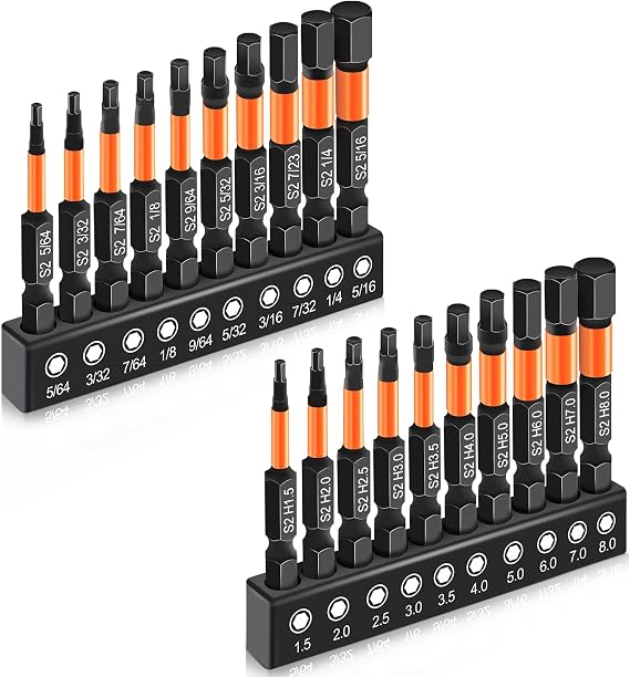 20PCS Hex Bit Set, Impact Allen Wrench Drill Bit Set (Metric&SAE) | 1/4Hex-Shank S2 Alloy Steel Key Drill Bit Set with Magnetism, CNC Machined Tips, 2" Long with Storage Box