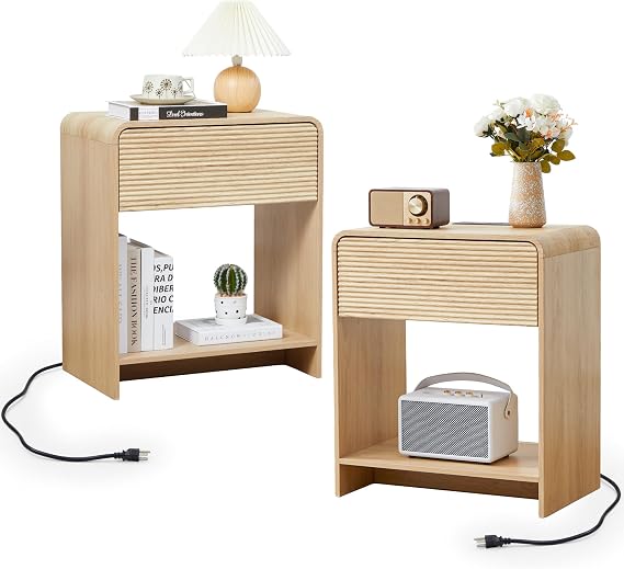 XUZENEST Fluted Nightstand Set of 2 with Charging Station, Modern Bed Side Table End Table with Drawer Storage, Large Wooden Night Stands Bedside for Bedroom Living Room Sofa Office, Natural 2 Sets
