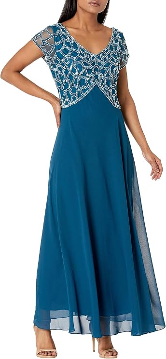 J Kara Women's Petite Short Sleeve Geo Long Beaded Gown