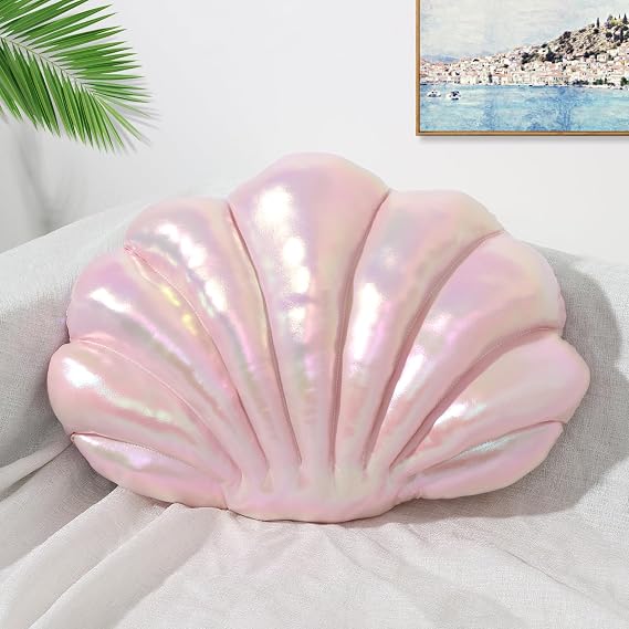 Marble Empire Seashell Pillow - Holographic Iridescent Foil Fabric Throw Pillow for Couch, Coastal Beach Theme Decor, Ocean Themed Bedroom Living Room Accent Pillow(Pink,1411'')