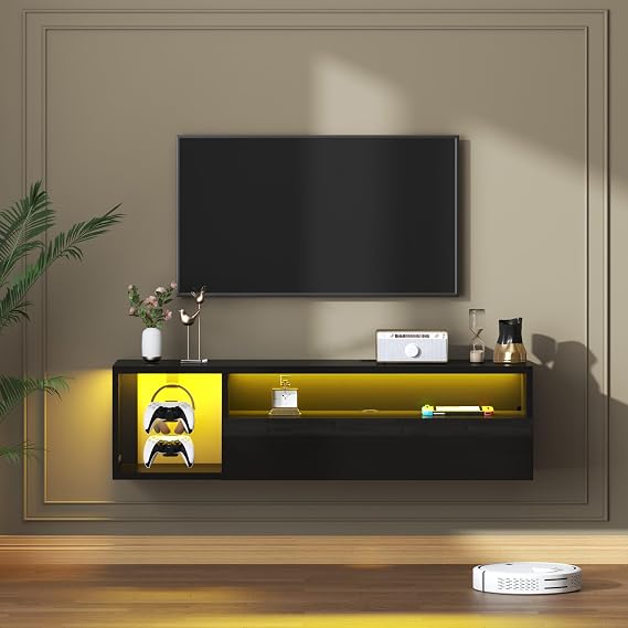 SogesHome 39" Small Wall Mounted Floating TV Stand with LED Light & Shelves