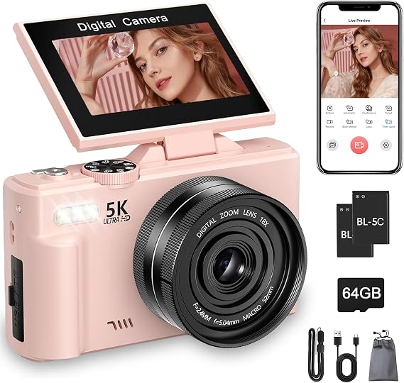 5K Digital Camera with 64GB Card, 75MP WiFi Point & Shoot Vlogging Camera