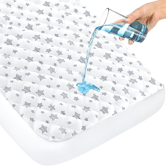 Crib Mattress Protector Waterproof | Quilted Crib Mattress Pad Cover 52" x 28" Extra Soft Breathable Toddler Bed Cover Stretch Up to 8", White Star