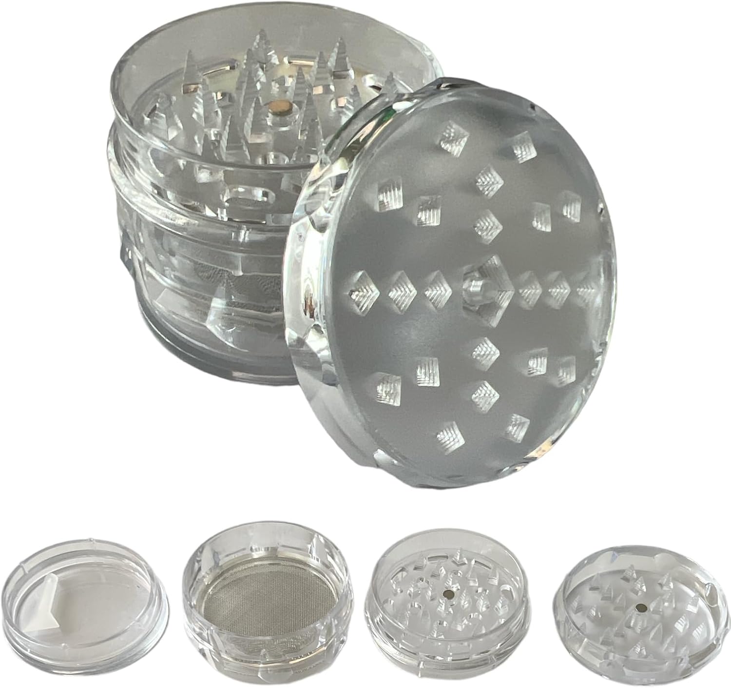 GRINDER Parçalayıcı PLASTİK baharat öğütücü herb spice 4 katmanlı 60MM-SEFFAF