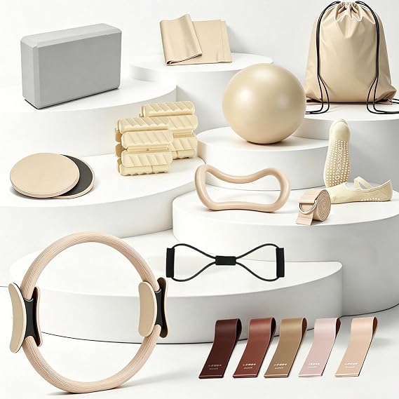 19 PCS Pilates Kit, Sand White/ Red Brown Pilates Sets with Yoga Block | Pilates Equipment Set for Women, Yoga Kit with 14" Ring & Ball Ankle Weights, Bands, Slider, Yoga Strap for Home Gym Studio