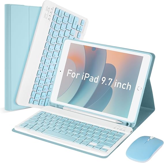 LAMA for iPad 9.7 inch Case with Keyboard and Mouse for iPad 9.7 inch 2018 (6th Gen)/ 2017 (5th Gen)/2016 iPad Pro/Air 2/1, Thin - Detachable - Wireless Keyboard Cover with Pencil Holder, Blue
