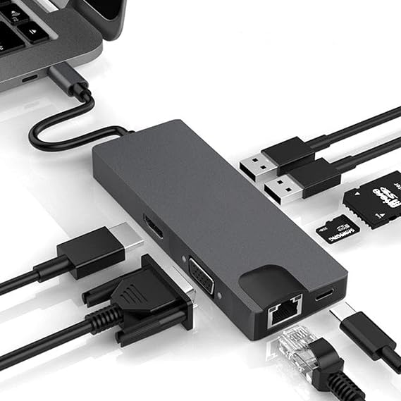 Docking Station USB Type C Hub Adapter 8 in 1 RJ45 1000M Gigabit Ethernet PD Charging HDMI 4K VGA 2*USB3.0 SD/TF Multi-Function for Windows 7/8 / 8.1/10, macOS X v10.0 or Above