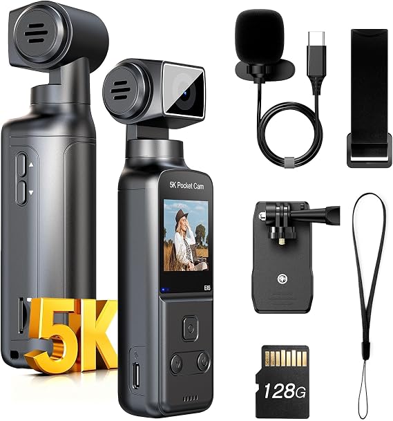 BOBLOV 5K Body Camera with Microphone, W5 Vlogging Camera, 5K/15FPS and 4K/60FPS with 270 Rotating Lens, External Mic Support, Clip/Strap Options, EIS Stabilization for Meeting, and Daily Use (128GB)