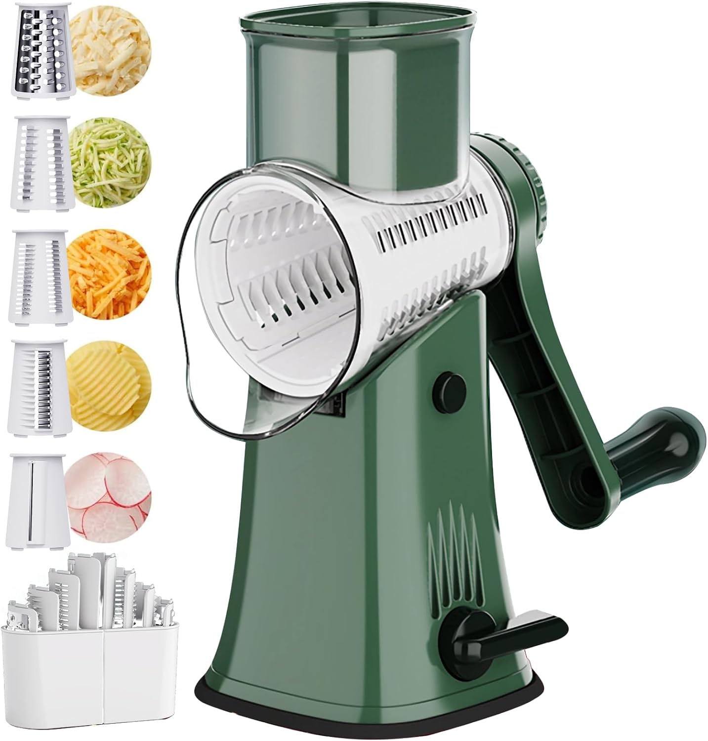 Rotary Cheese Grater: 5 in 1 Cheese Grater with Handle Vegetable Slicer with 5 Interchangeable Blades, Storage Box, Green Cheese Shredder with Strong Suction Base for Kitchen Green