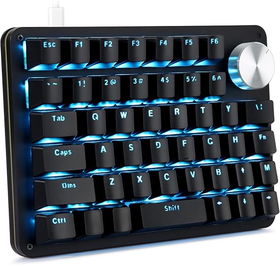 Koolertron One Handed Mechanical Gaming Keyboard with 24 Macro Keys, 45-Key Fully Programmable Mini Keypad, Mini USB Macro Keyboard with Rotating Knob, Blue Backlit, for Windows PC Gamers