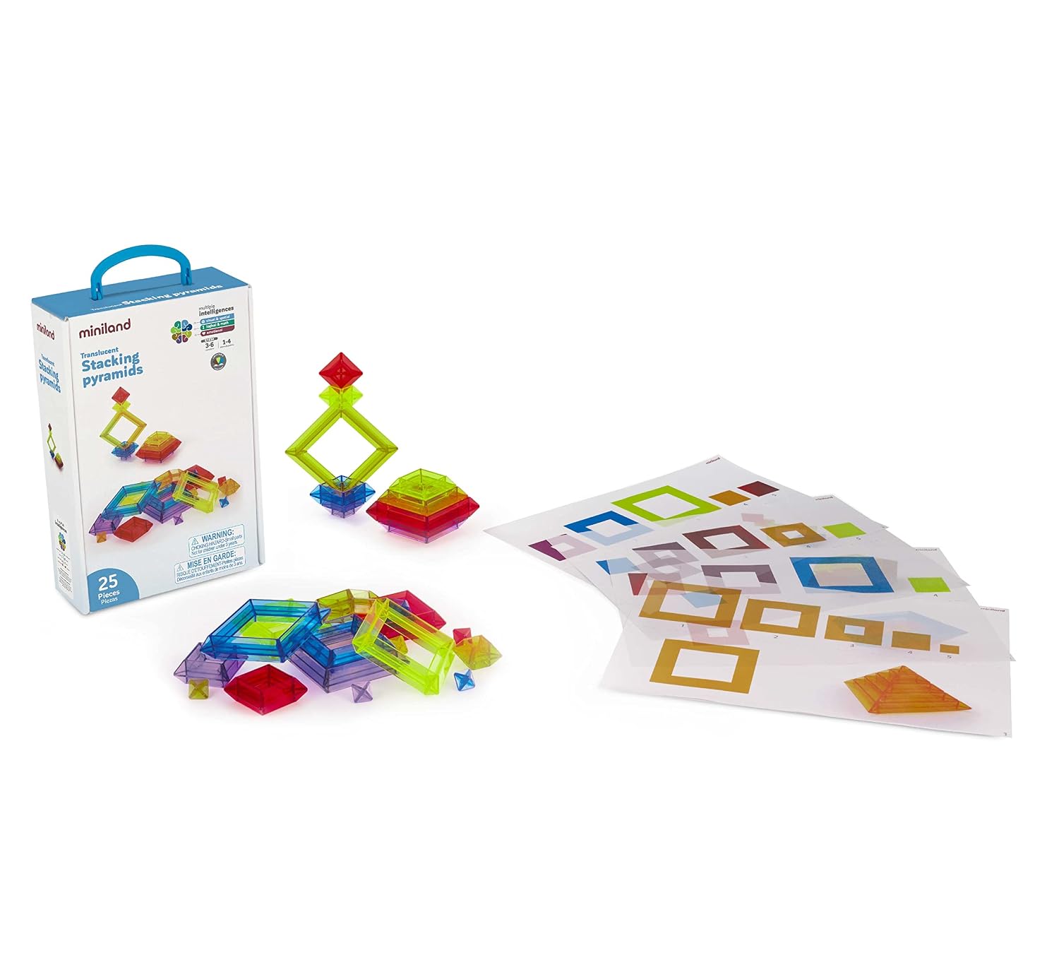 Miniland Translucent Stacking Pyramids. Educational Toy for Children from 3 to 6 Years.  with 25 Pieces and 4 Transparent Activity Sheets